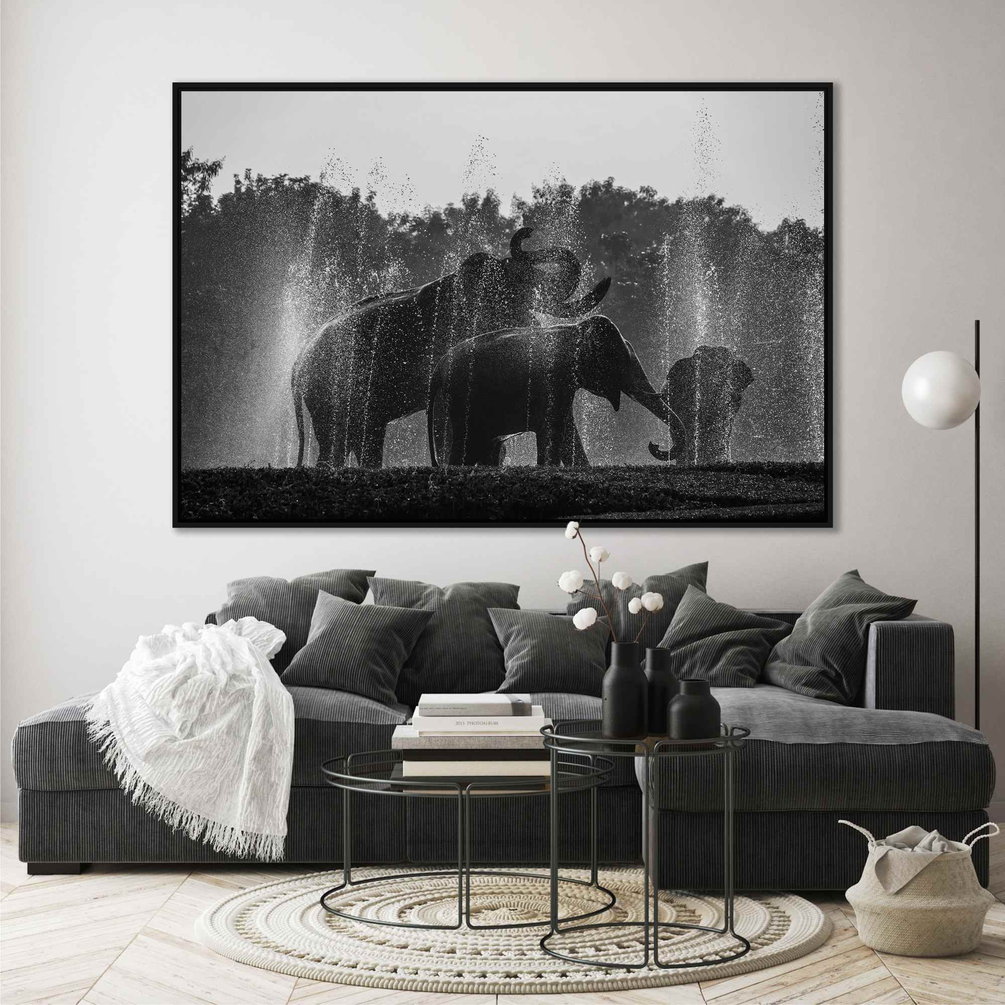 Quadro com Fotografia de Elefantes na Água