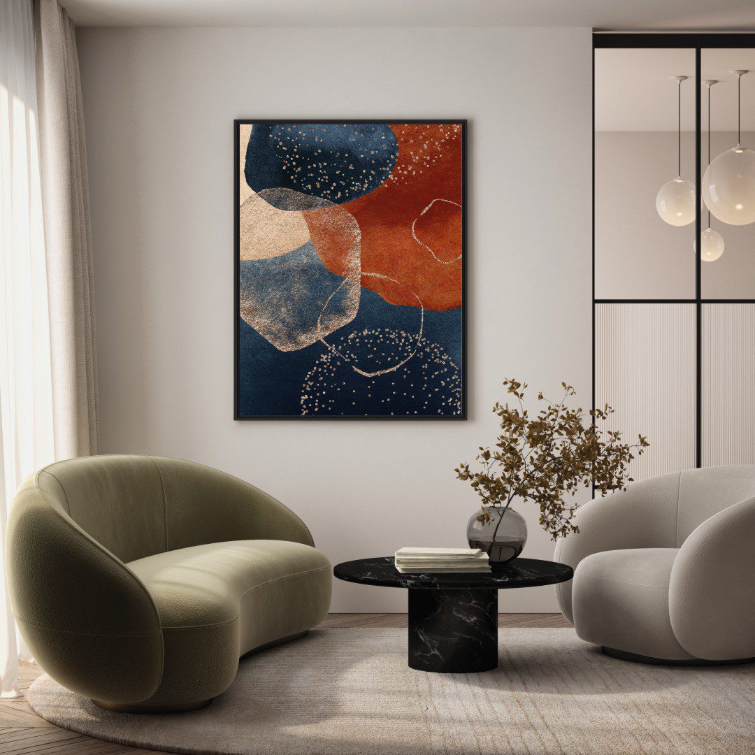 Quadro Abstrato Azul e Terracota com Detalhes Dourados