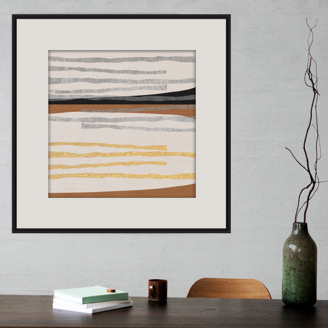 Quadro Abstrato com Borda e Linhas em Tons Neutros