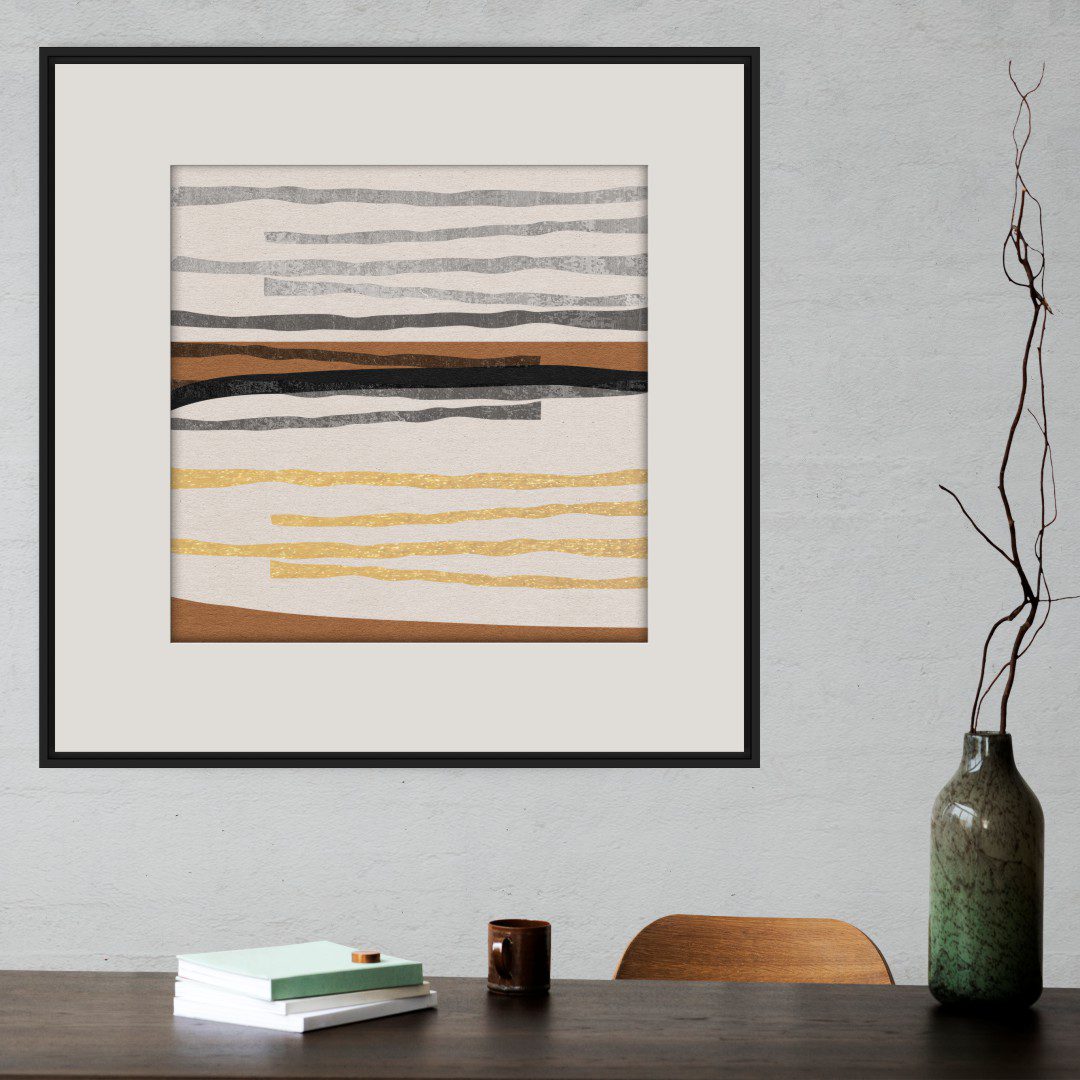 Quadro Abstrato com Borda e Linhas em Tons Neutros