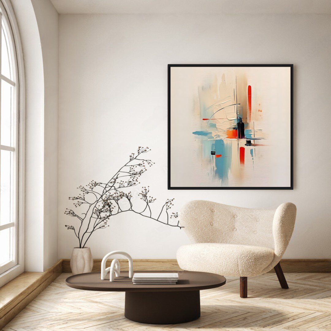 Quadro Abstrato com Fundo Claro e Pinceladas de Azul e Laranja