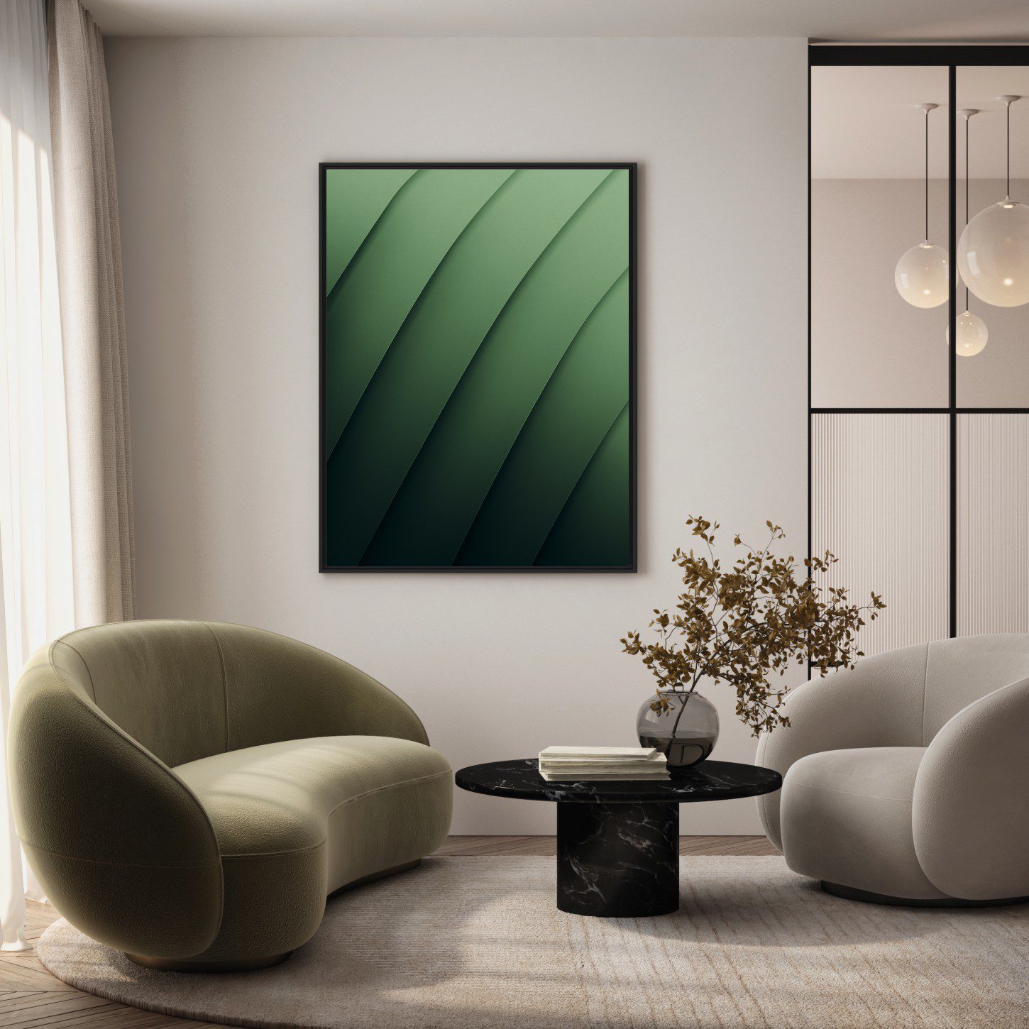 Quadro Abstrato com Linhas em Tons de Verde