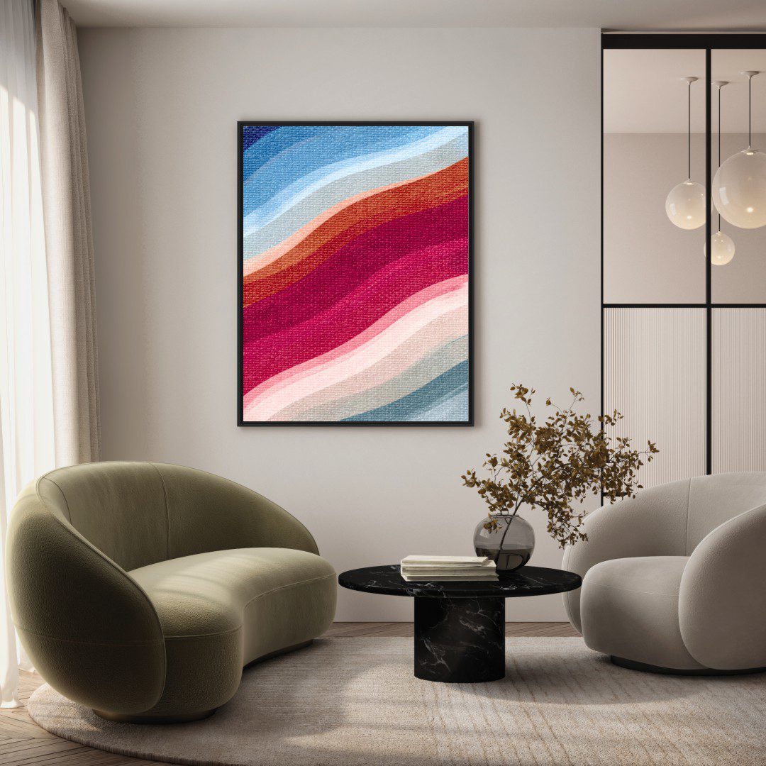 Quadro Abstrato com Movimento em Tons de Rosa e Azul