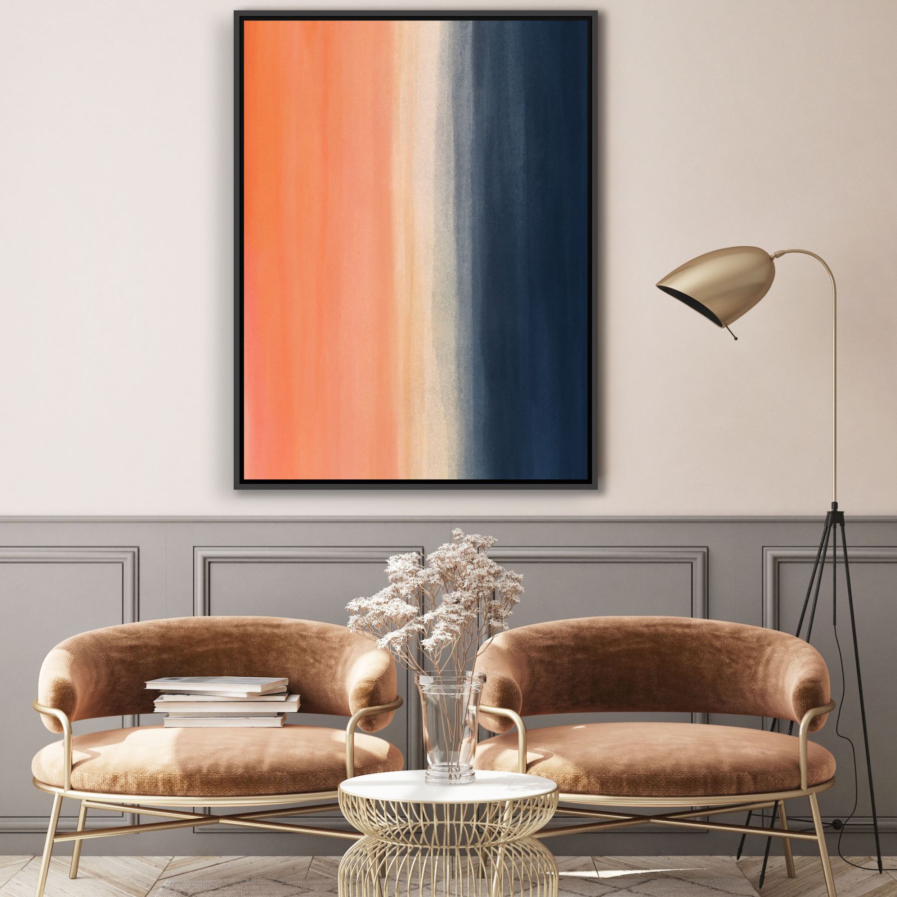 Quadro Abstrato com Nuances de Azul e Laranja