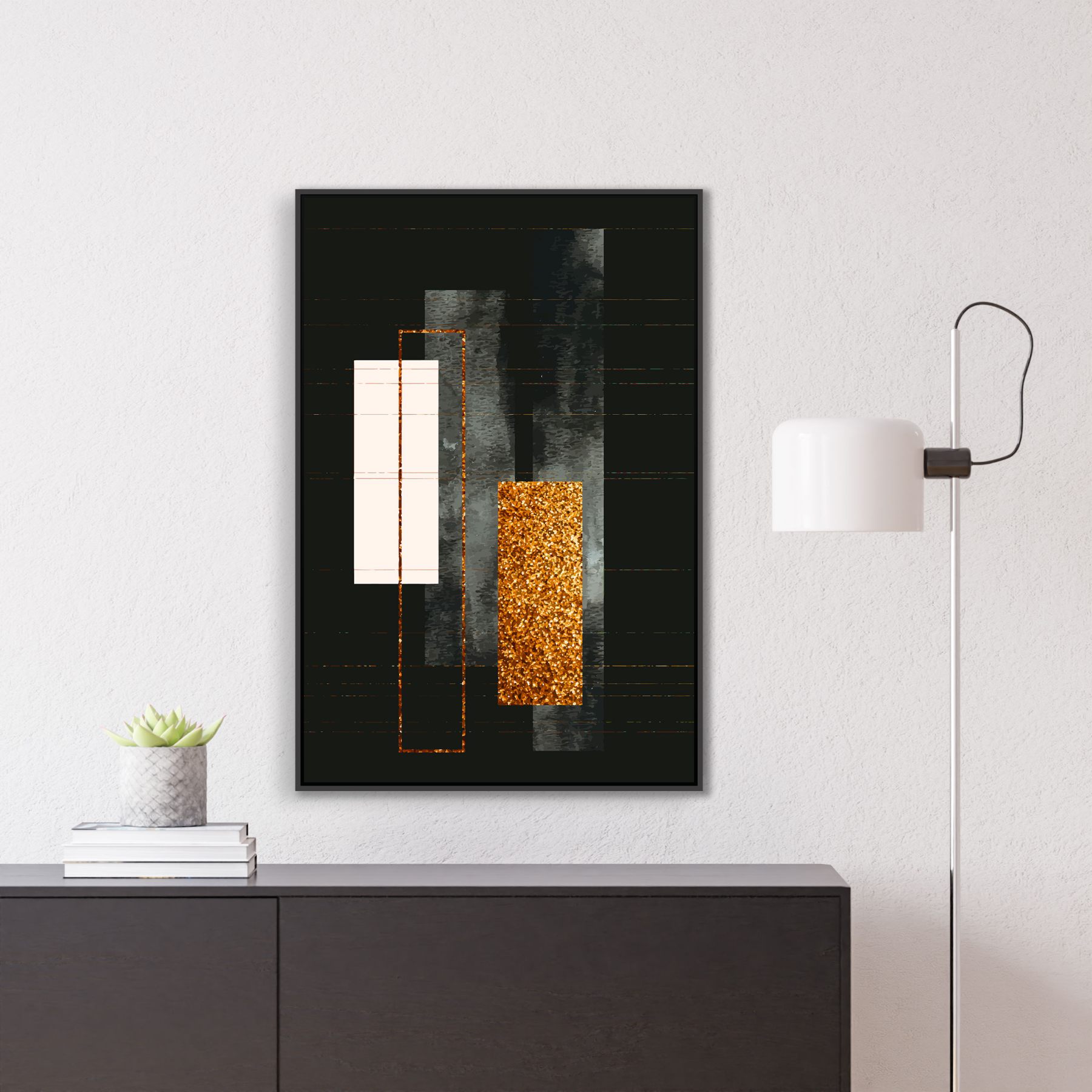 Quadro Abstrato em Tons de Preto Branco e Dourado