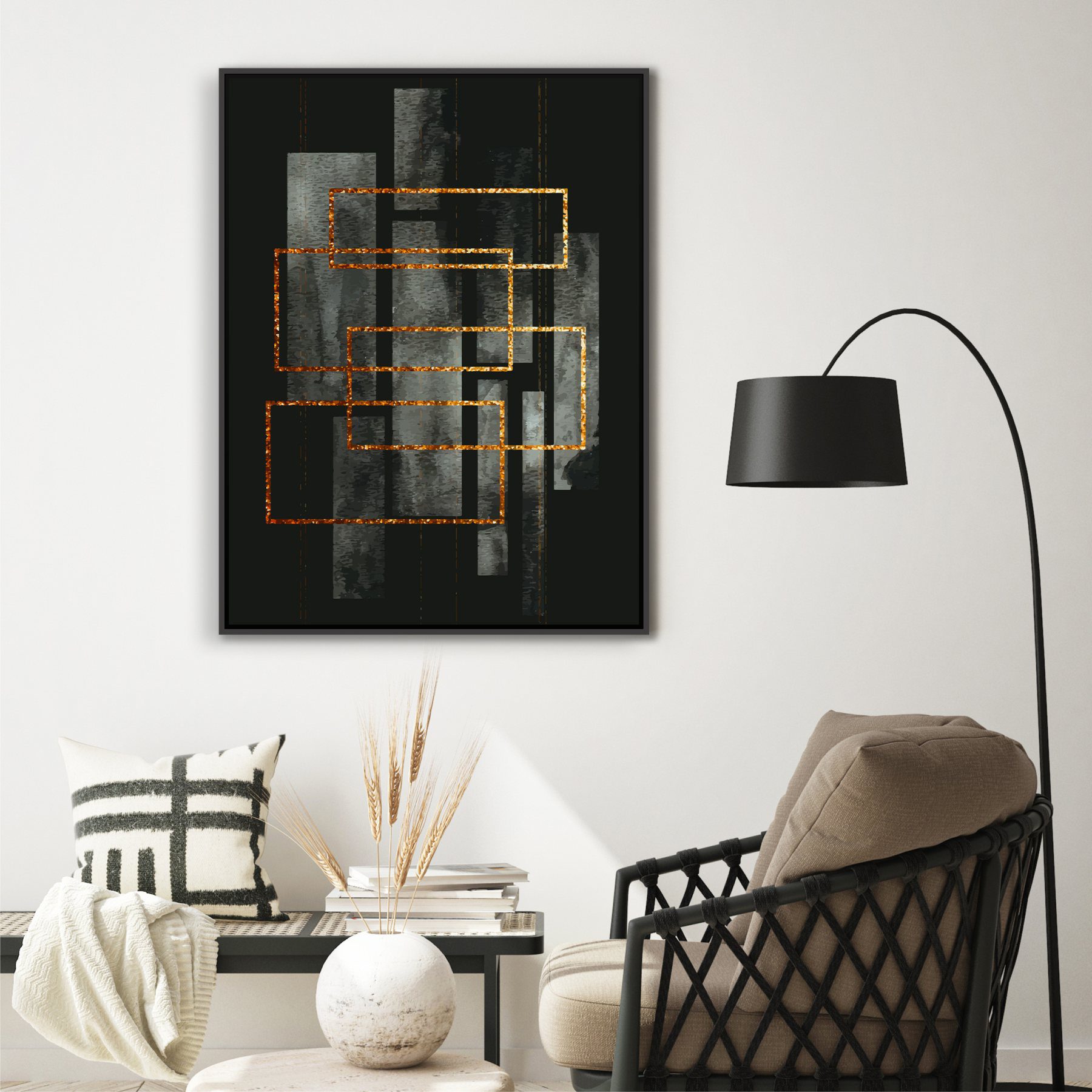 Quadro Abstrato em Tons de Preto Branco e Dourado