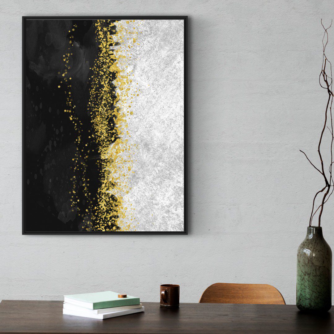 Quadro Abstrato em Tons de Preto Branco e Dourado