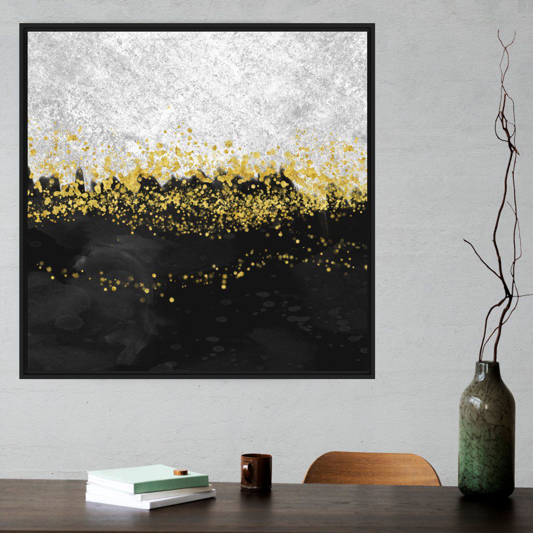 Quadro Abstrato em Tons de Preto Branco e Dourado