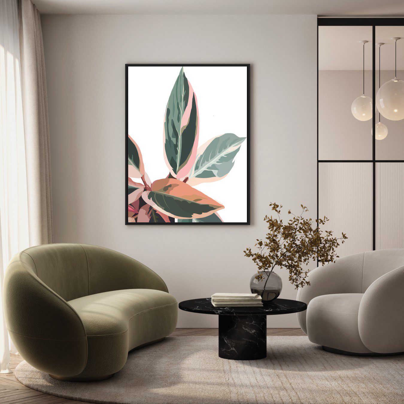 Quadro com Desenho de Folhagem em Tons de Verde e Rosa