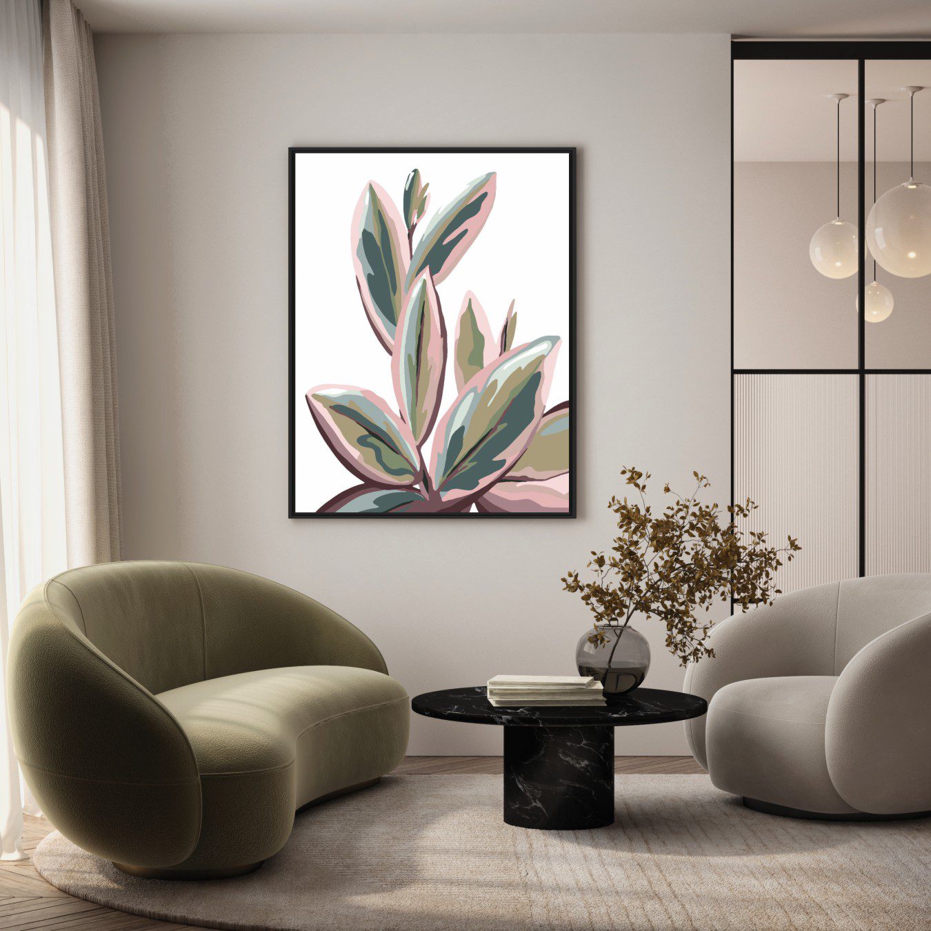 Quadro com Desenho de Folhagem em Tons de Verde e Rosa