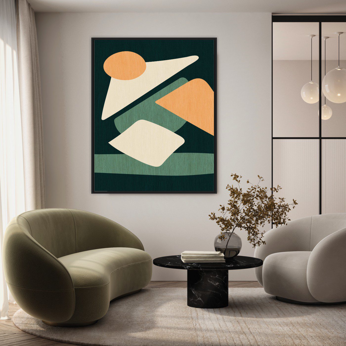 Quadro com Formas Orgânicas em Tons de Verde e Bege