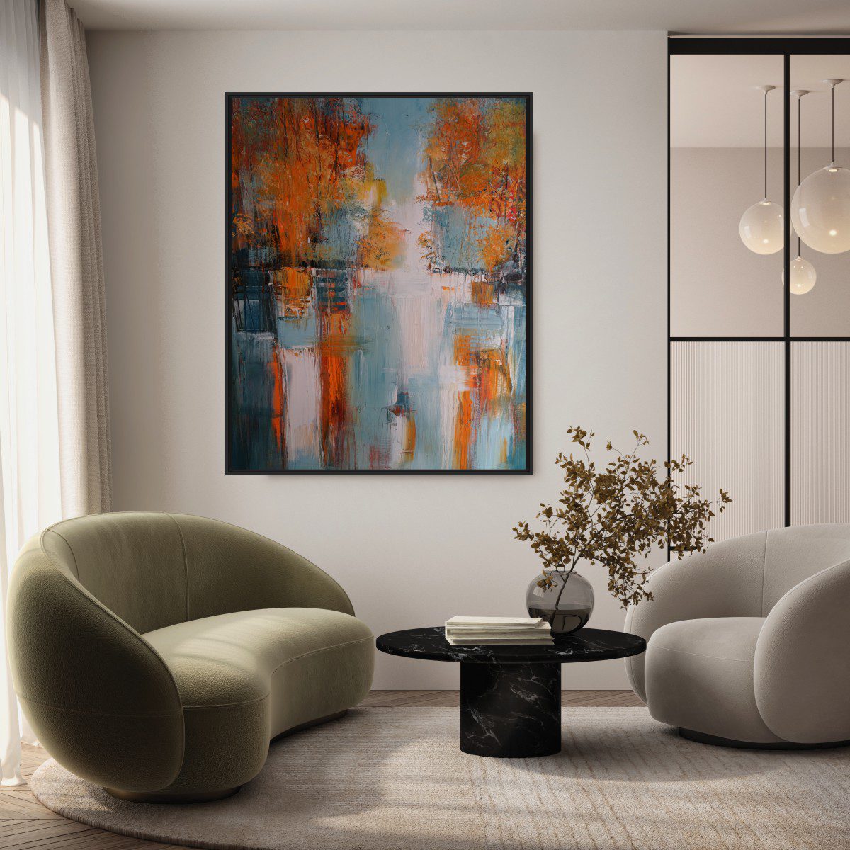 Quadro com Pintura Abstrata em Tons de Azul e Laranja