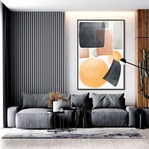 Quadro Abstrato Geométrico em Tons de Preto Laranja e Cinza