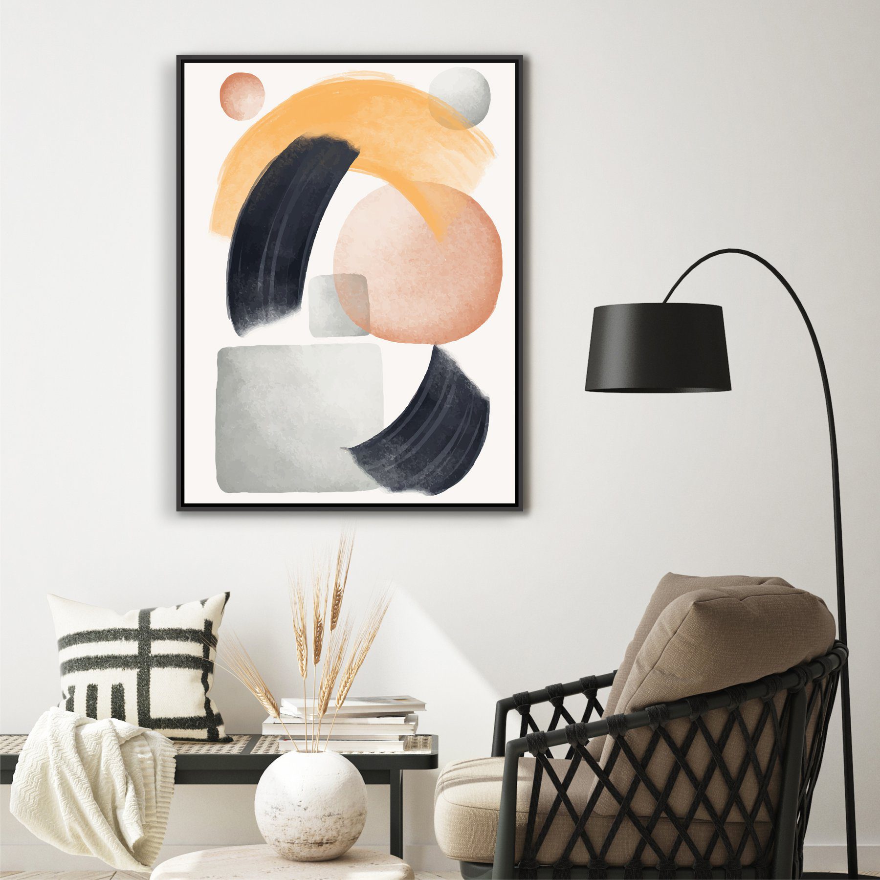 Quadro Abstrato Geométrico em Tons de Preto Laranja e Cinza