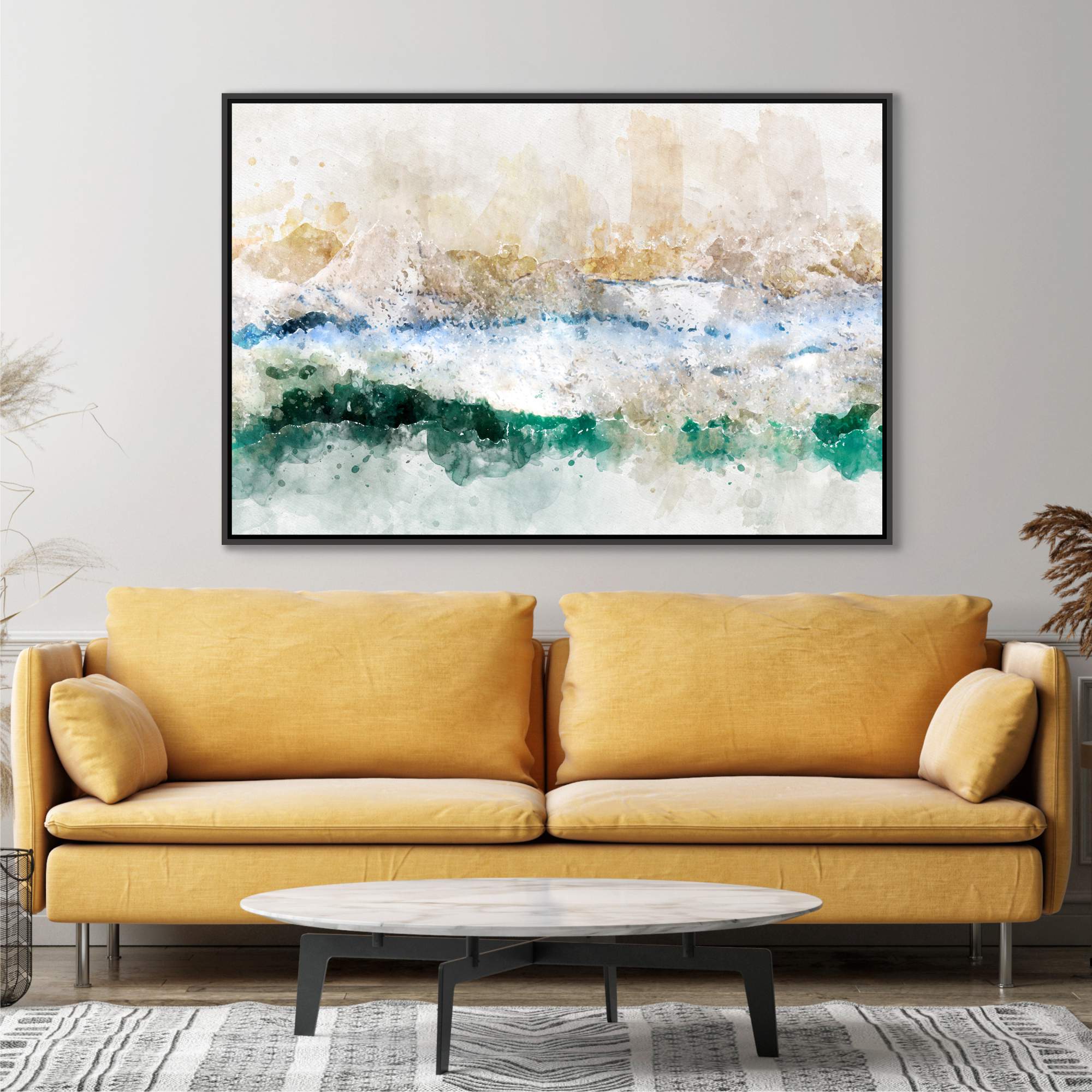 Quadro Abstrato Mar com Tons de Verde Azul e Dourado