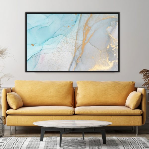 Quadro Abstrato Marmorizado Azul Claro com Dourado