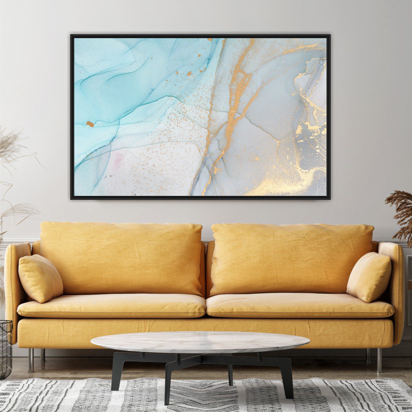 Quadro Abstrato Marmorizado Azul Claro com Dourado