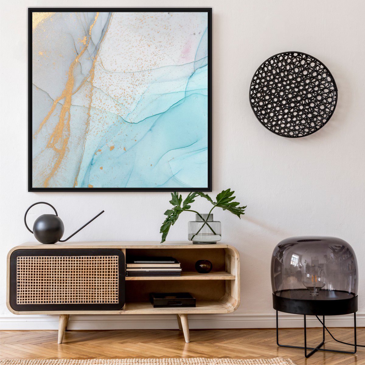 Quadro Abstrato Marmorizado Azul Claro com Dourado