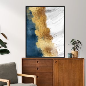 Quadro Abstrato Marmorizado Azul, Dourado e Branco