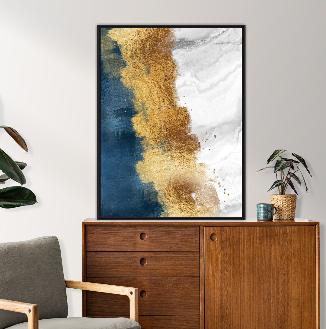 Quadro Abstrato Marmorizado Azul, Dourado e Branco