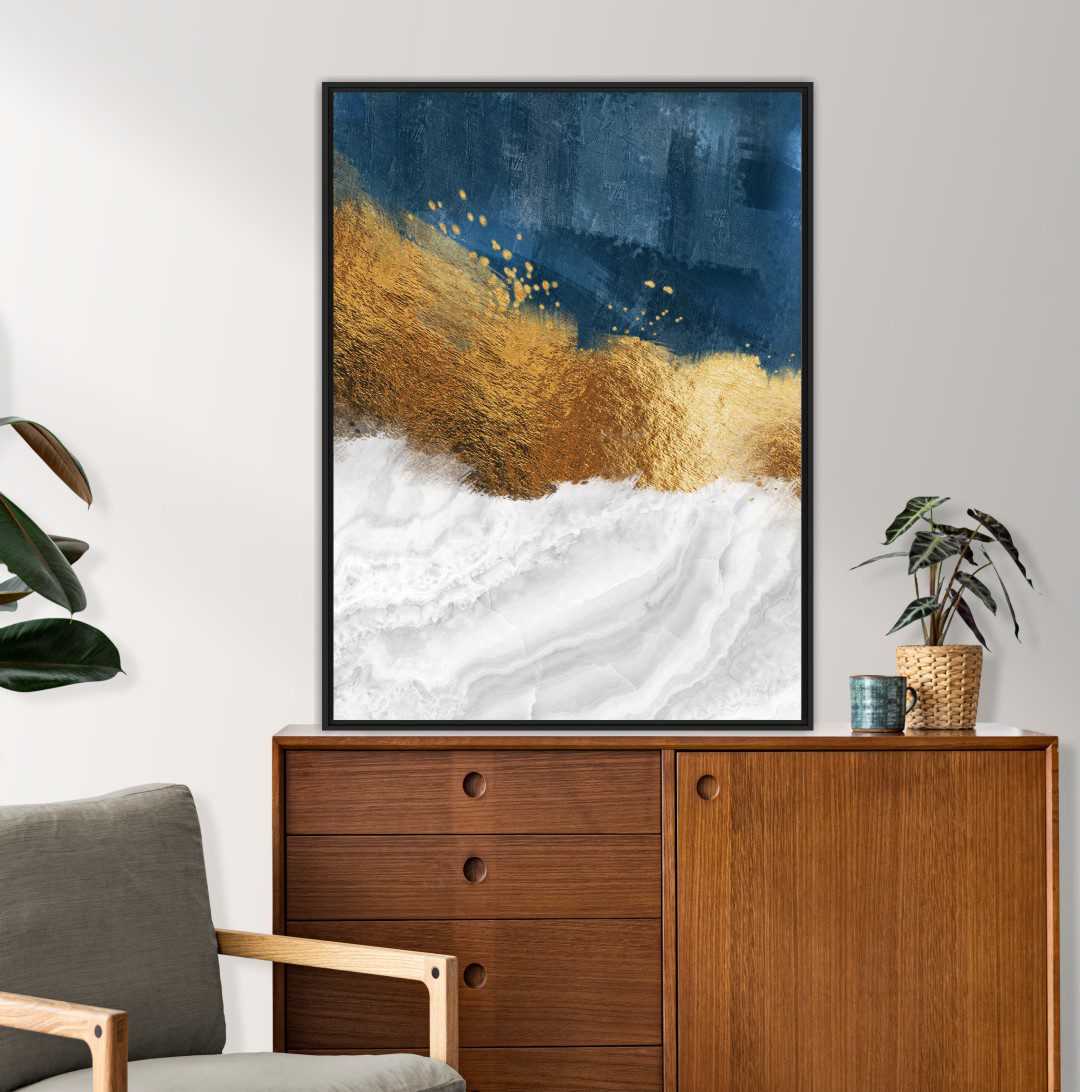 Quadro Abstrato Marmorizado Azul, Dourado e Branco