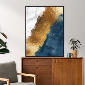 Quadro Abstrato Marmorizado Azul, Dourado e Branco