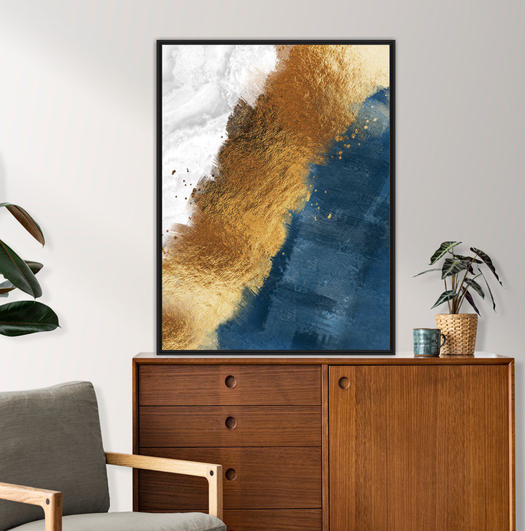 Quadro Abstrato Marmorizado Azul, Dourado e Branco