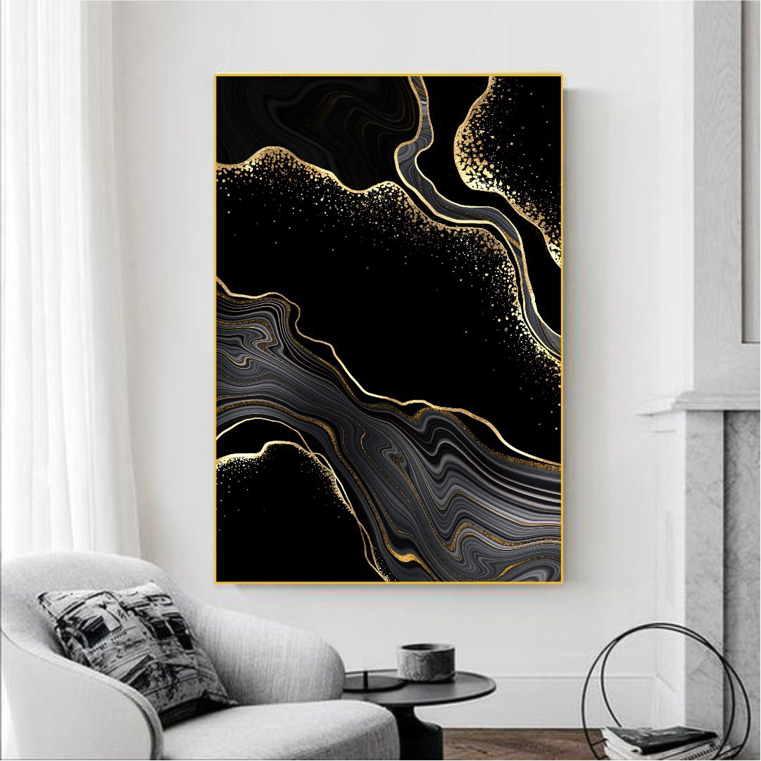Quadro Abstrato Marmorizado Preto e Dourado