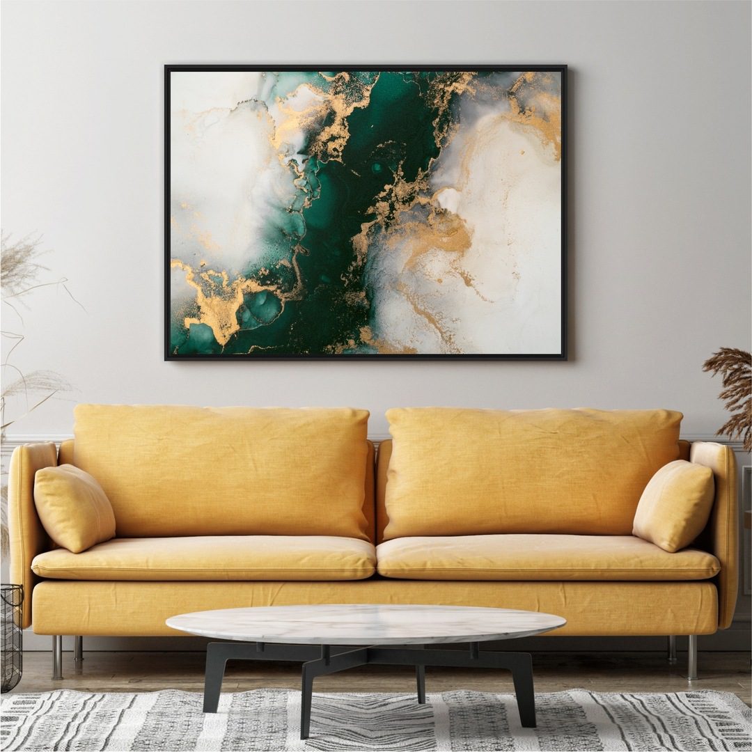 Quadro Abstrato Marmorizado Verde e Dourado