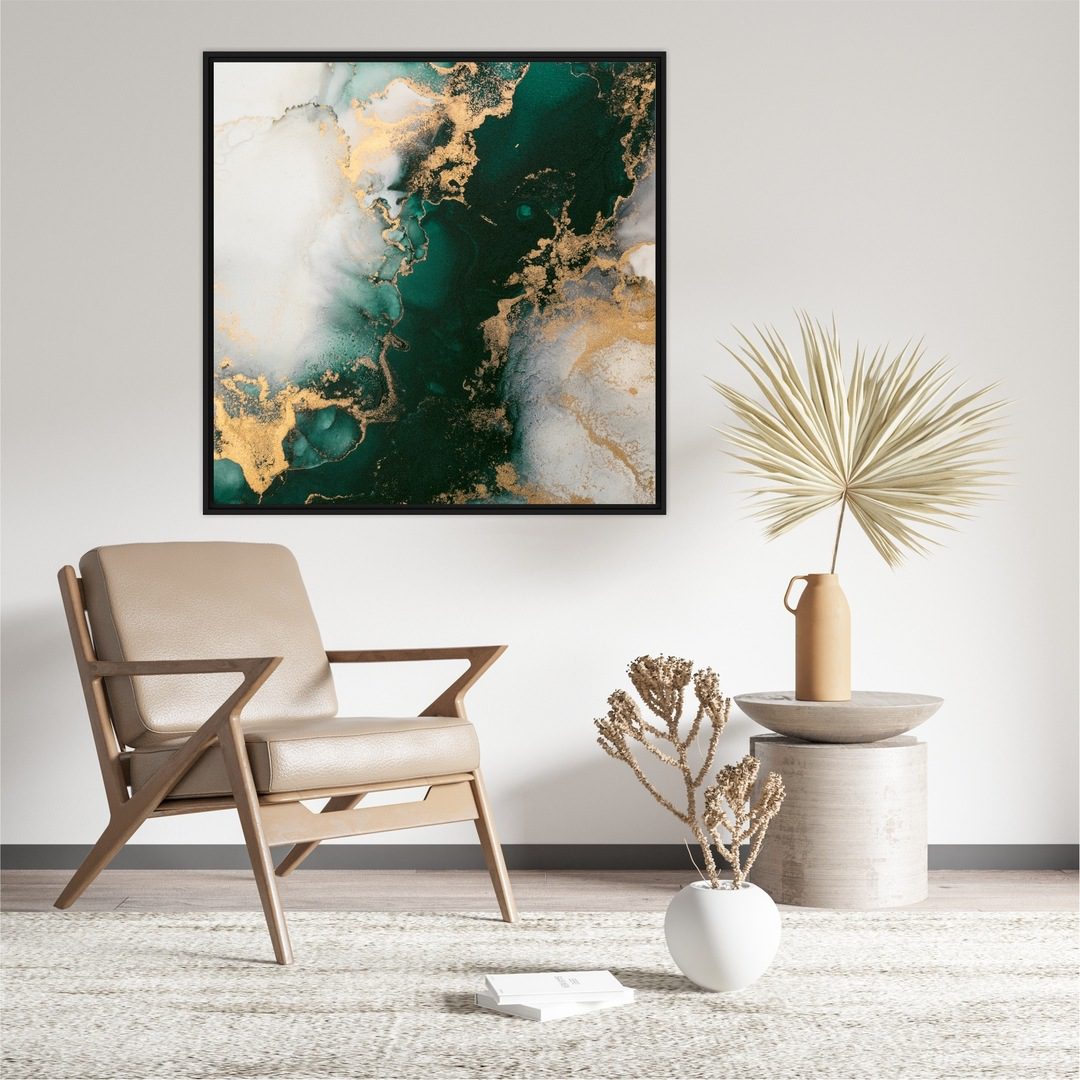 Quadro Abstrato Marmorizado Verde e Dourado