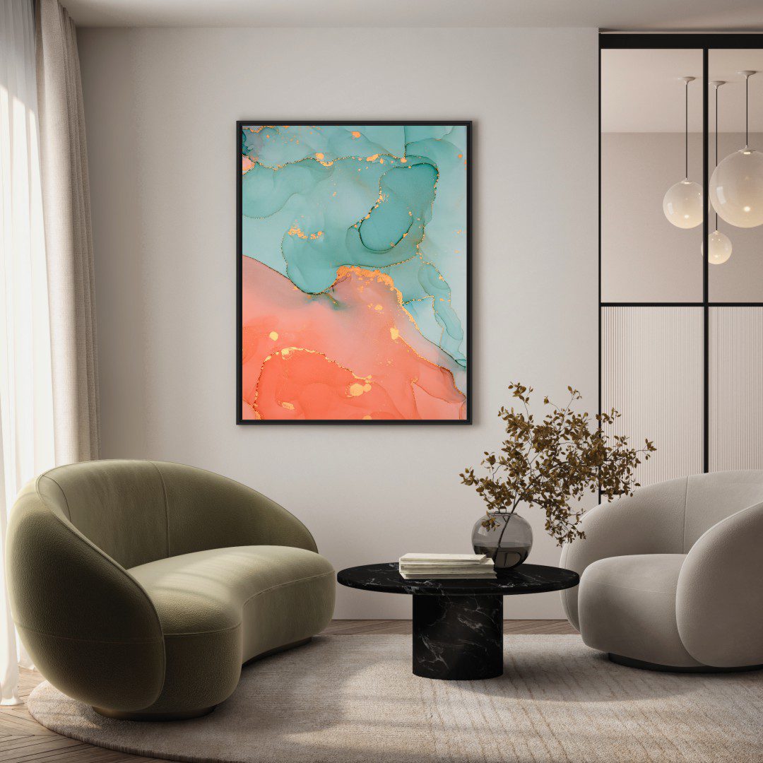 Quadro Abstrato Marmorizado Verde e Rosê com Detalhe Dourado