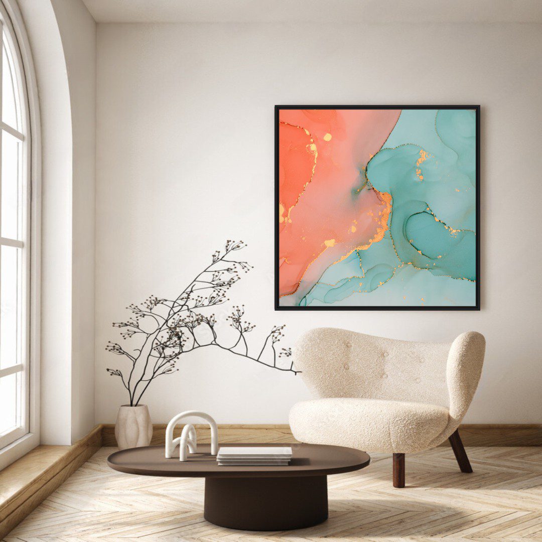 Quadro Abstrato Marmorizado Verde e Rosê com Detalhe Dourado