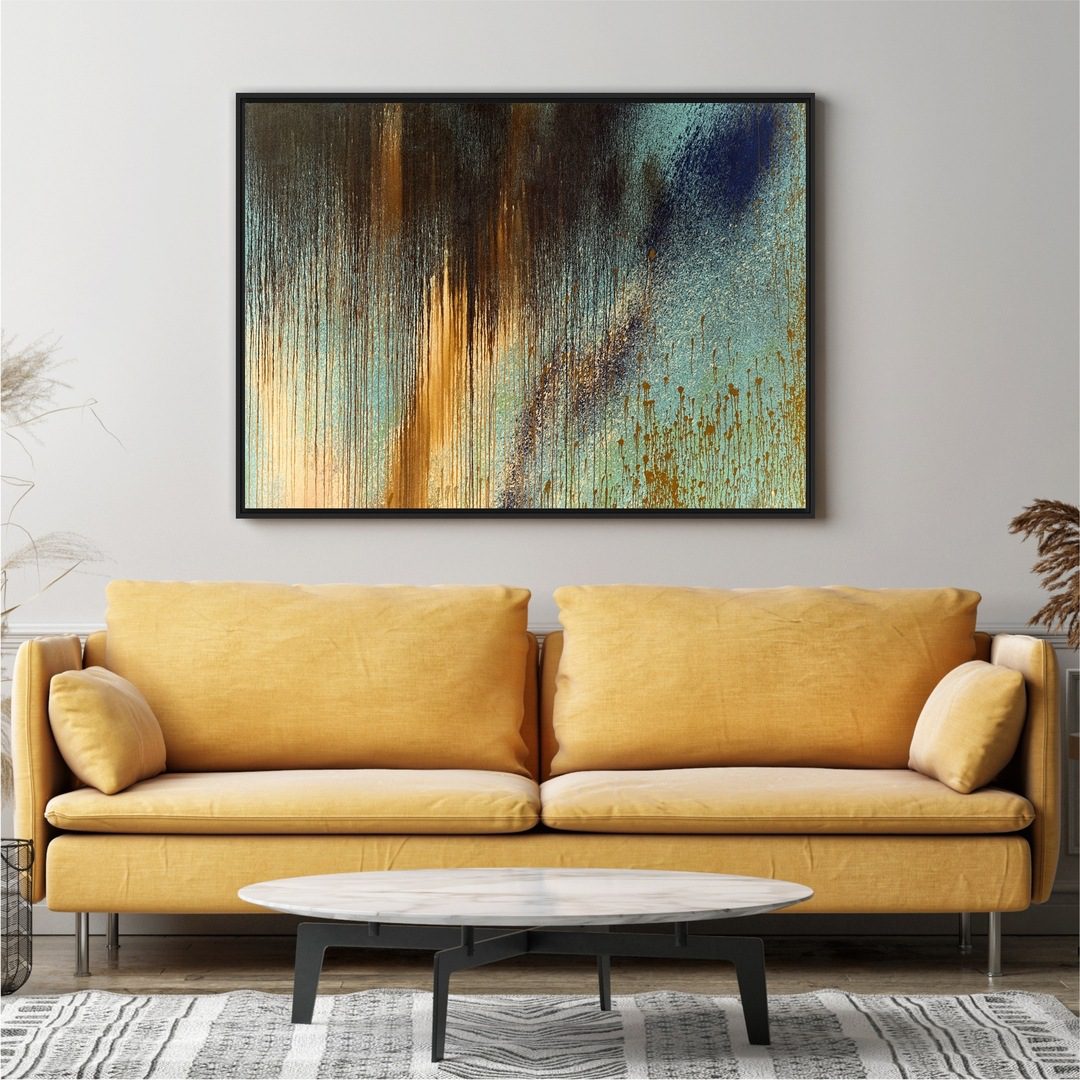 Quadro Abstrato Verde e Dourado com Respingos de Tinta