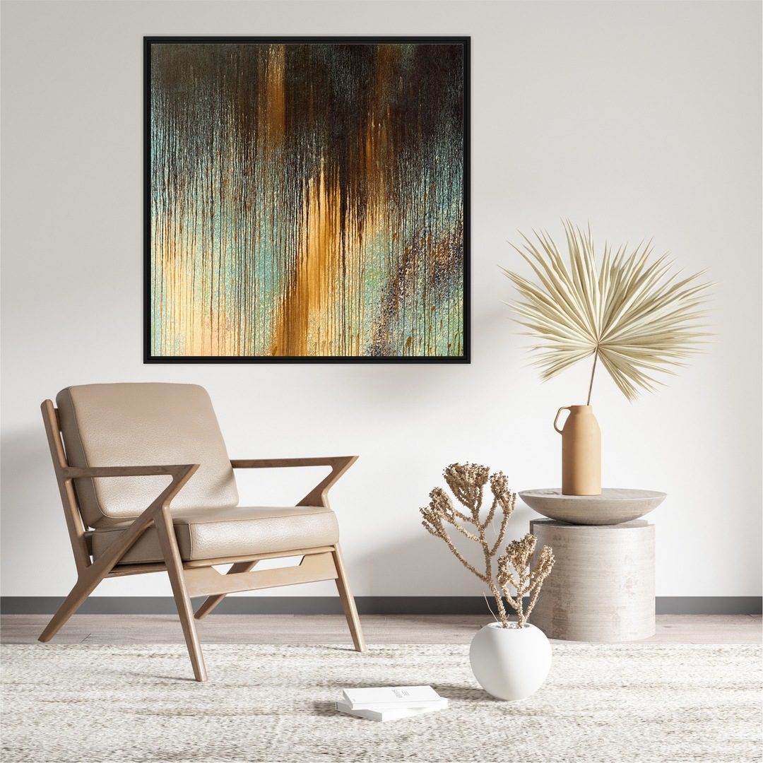 Quadro Abstrato Verde e Dourado com Respingos de Tinta