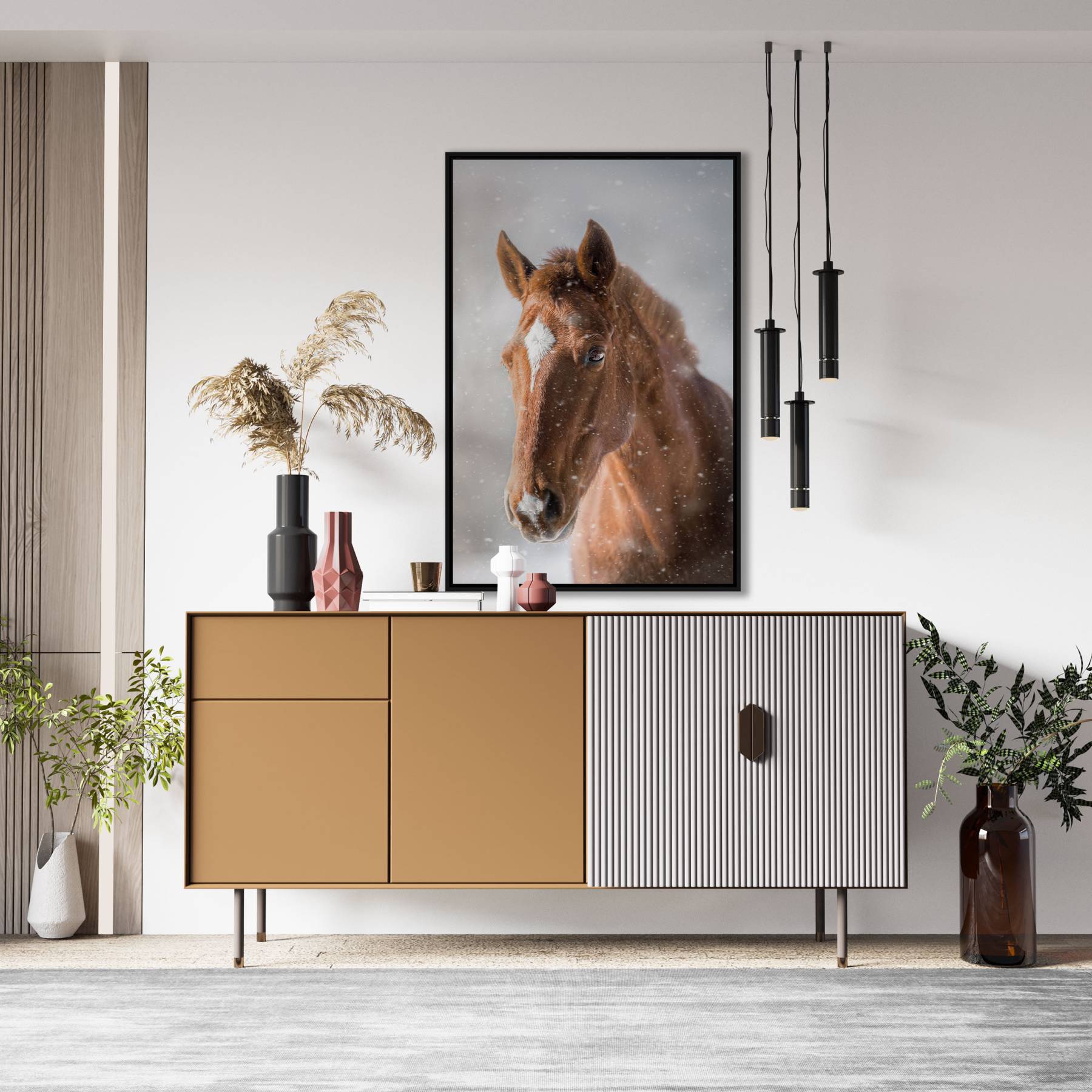 Quadro com Cavalo e Flocos de Neve