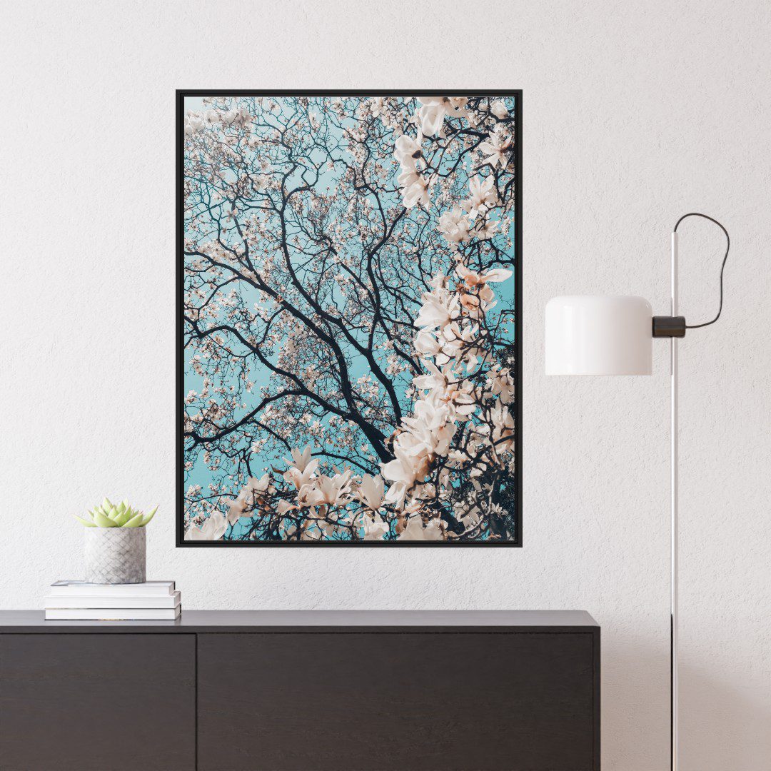 Quadro com Flor de Cerejeira Branca e Fundo Azul