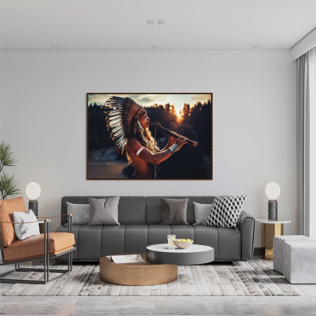 Quadro com Fotografia de Índia Xamânica Tocando Flauta
