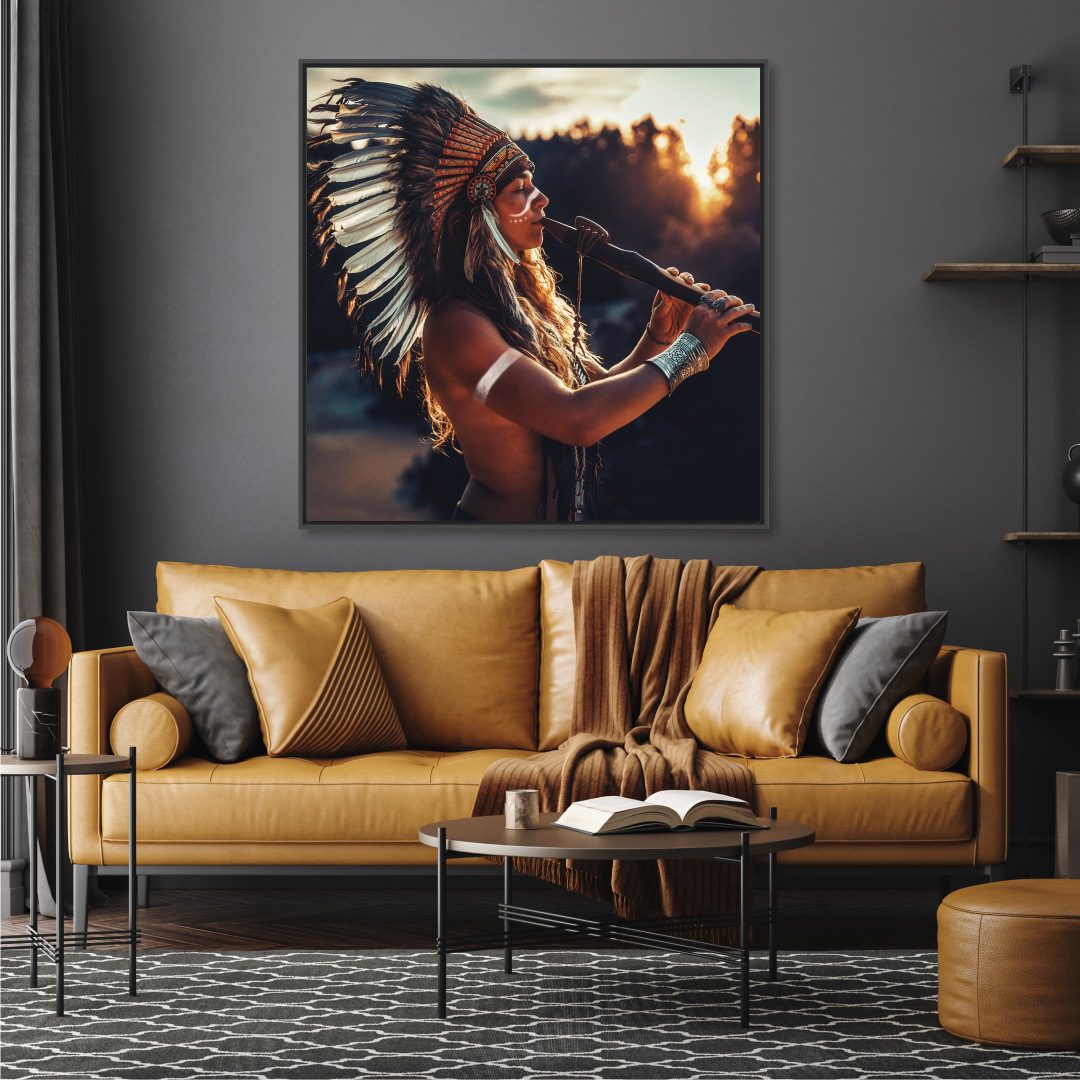 Quadro com Fotografia de Índia Xamânica Tocando Flauta