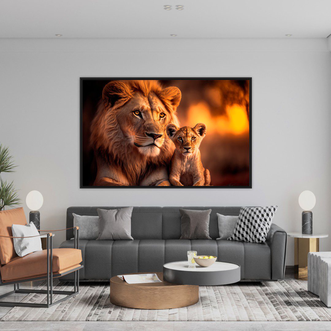 Quadro com Fotografia de Leão com Filhote