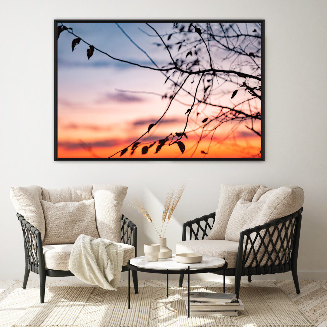 Quadro com Fotografia de Pôr do Sol e Árvore