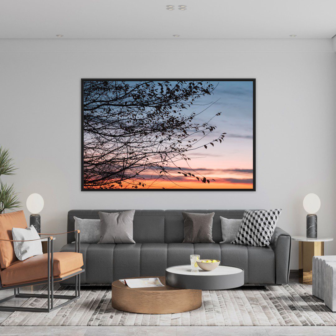 Quadro com Fotografia de Pôr do Sol e Árvore