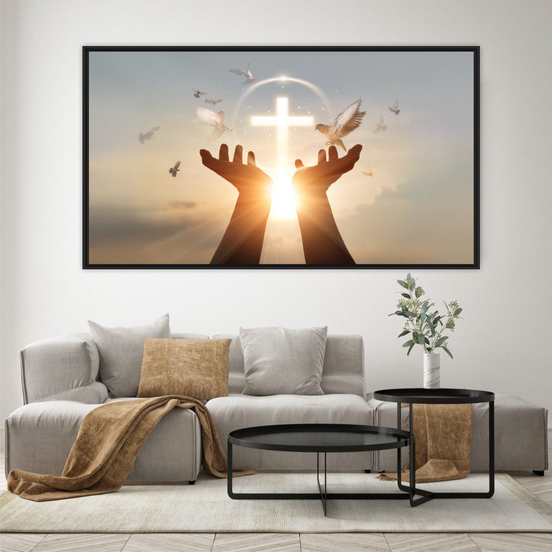 Quadro com Mãos para Cima, Cruz e Raios de Sol