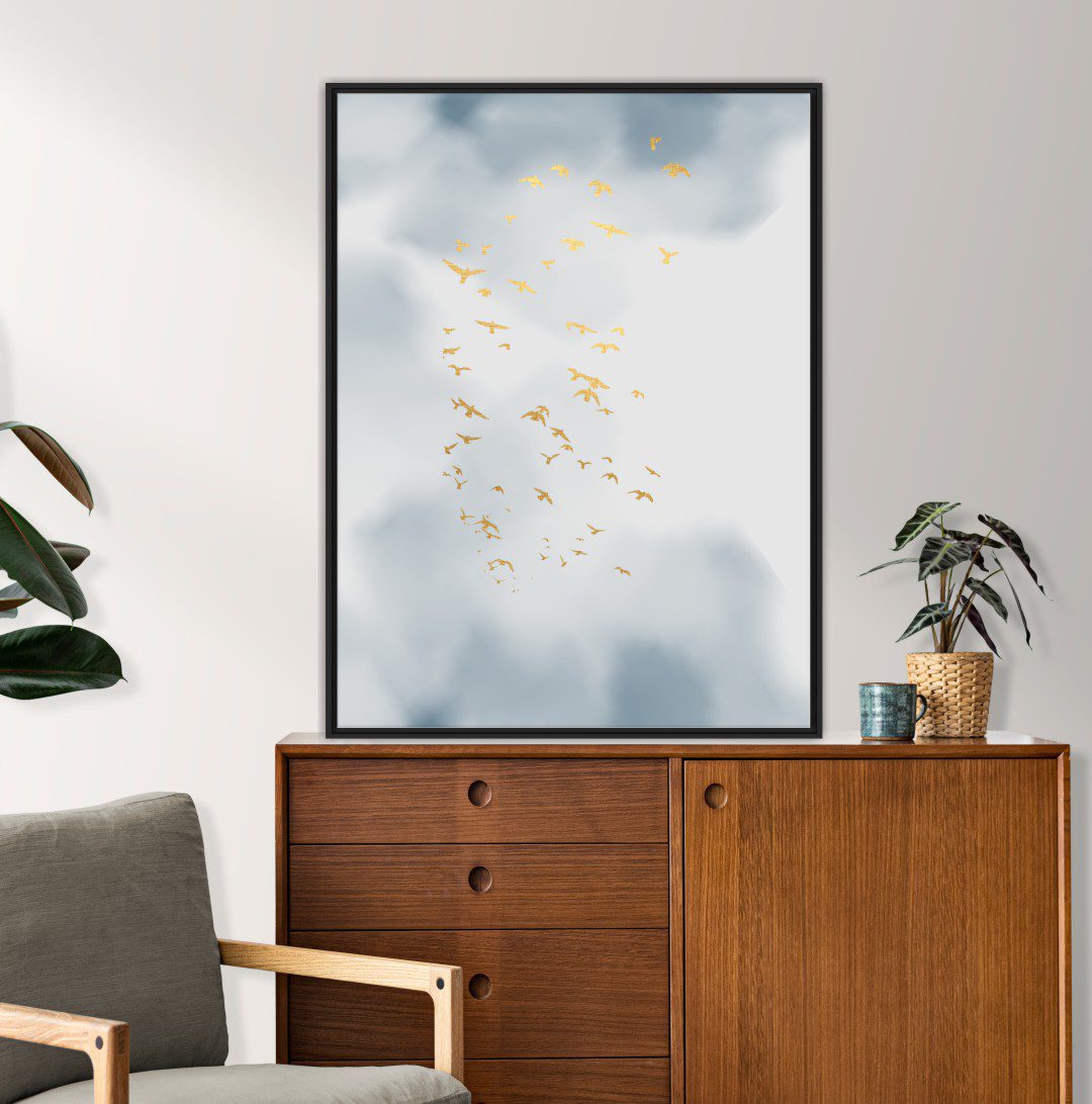 Quadro com Ilustração de Pássaros Dourados