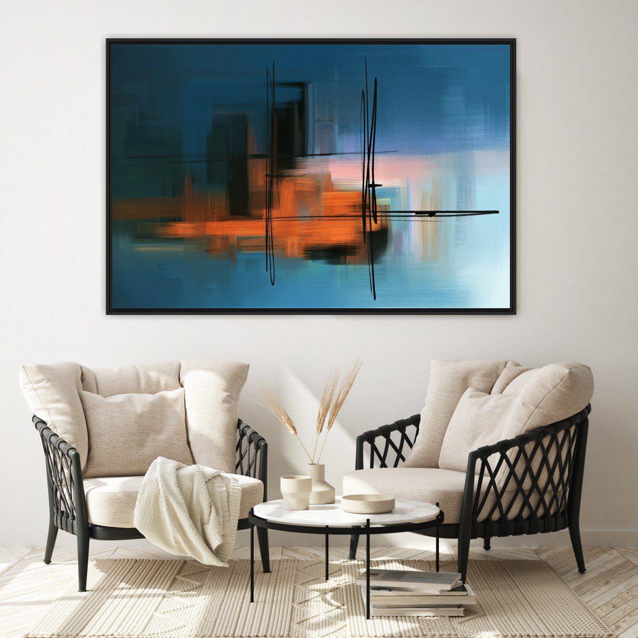 Quadro Abstrato em Tons de Laranja e Azul