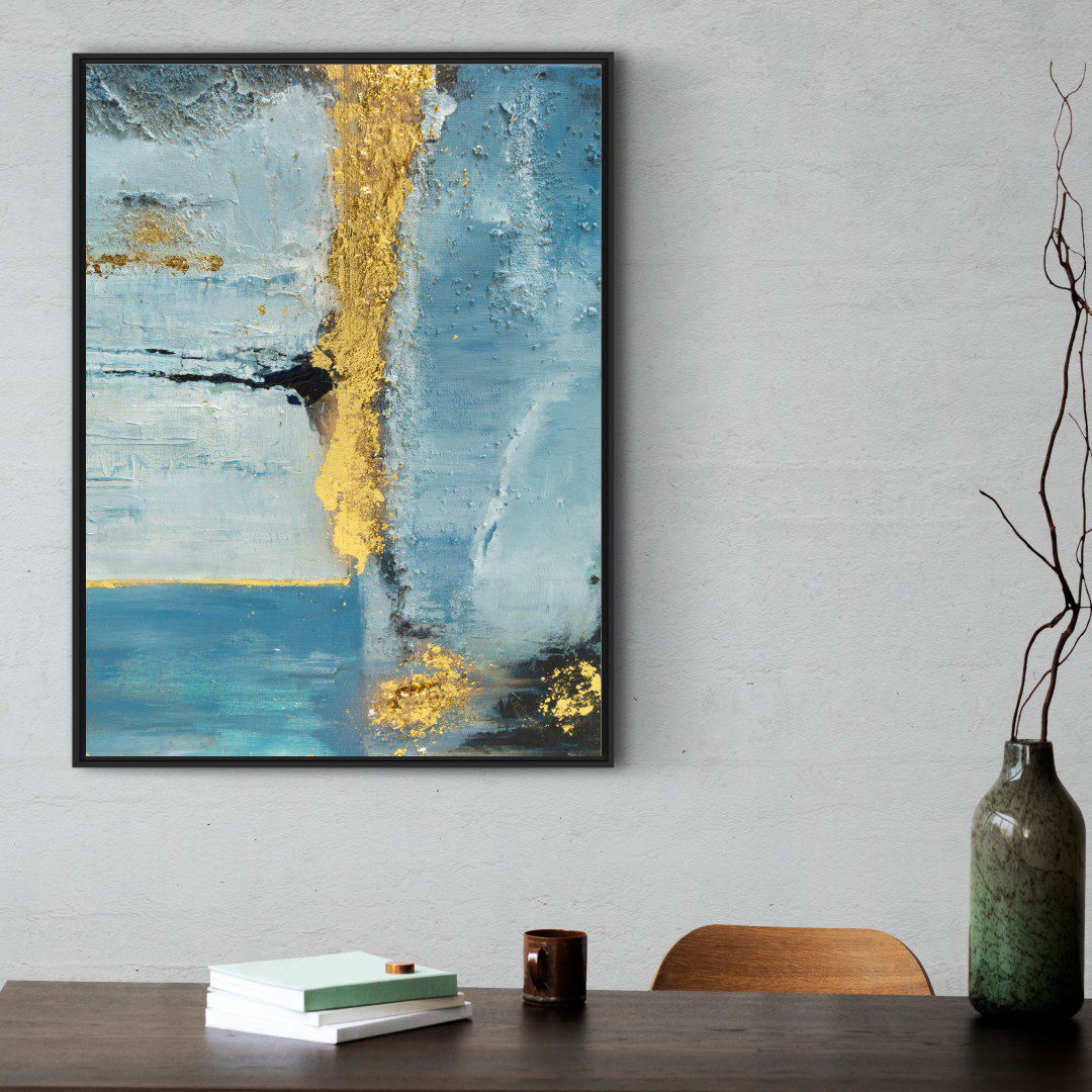 Quadro Abstrato com tons de Azul e Detalhe Dourado