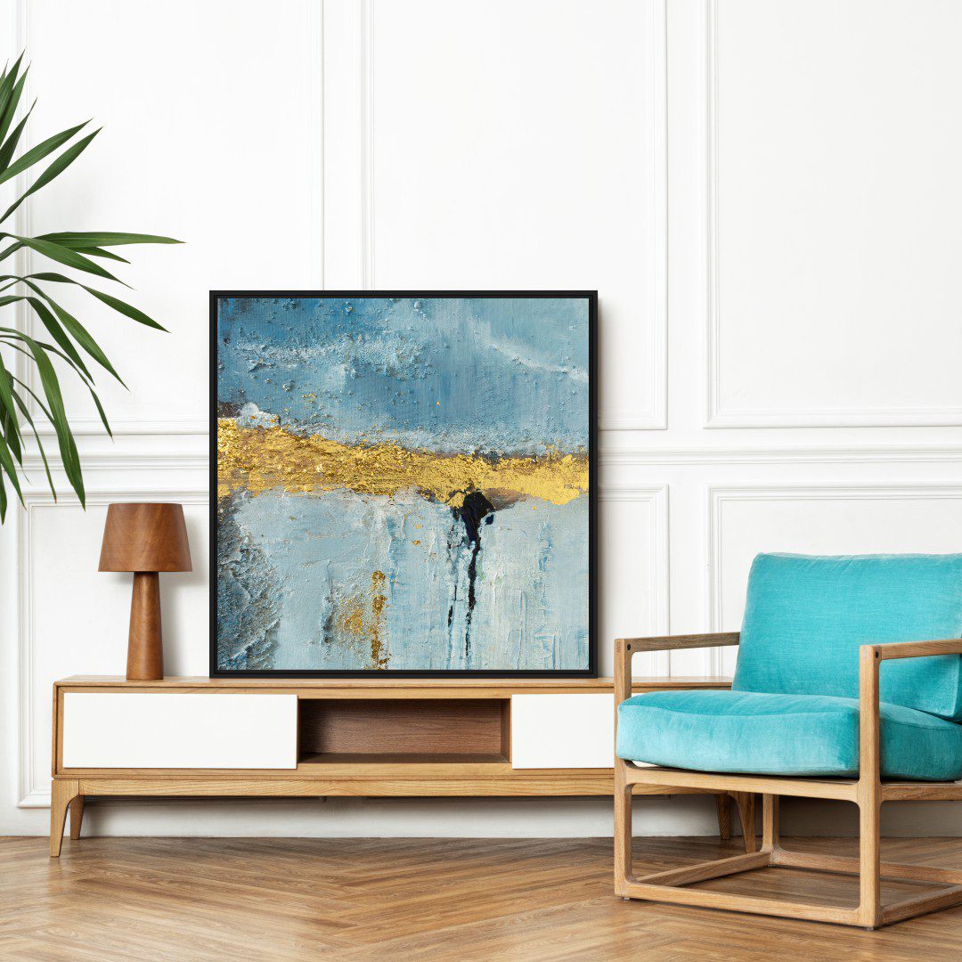Quadro Abstrato em Tons de Azul e Detalhe Dourado