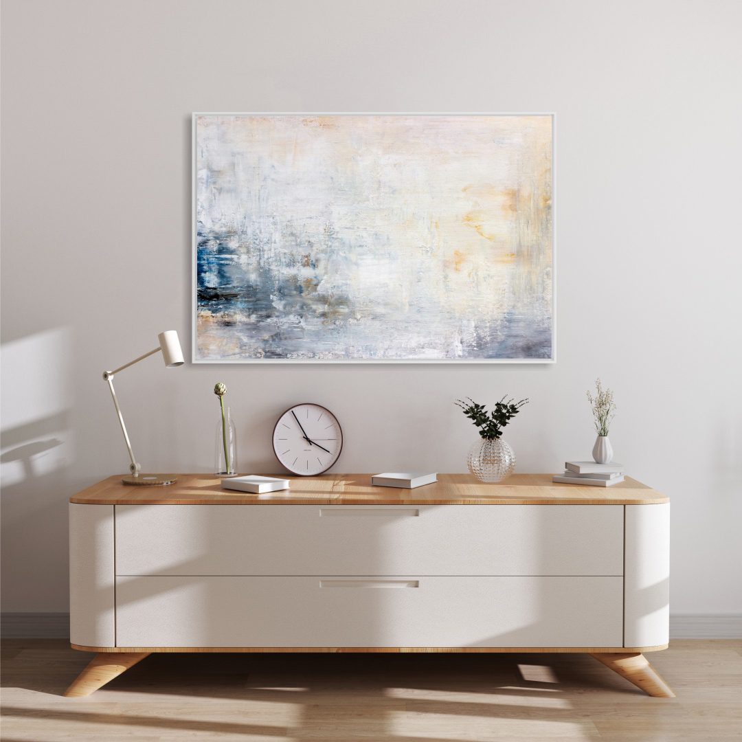 Quadro Abstrato em Tons de Branco, Azul e Amarelo