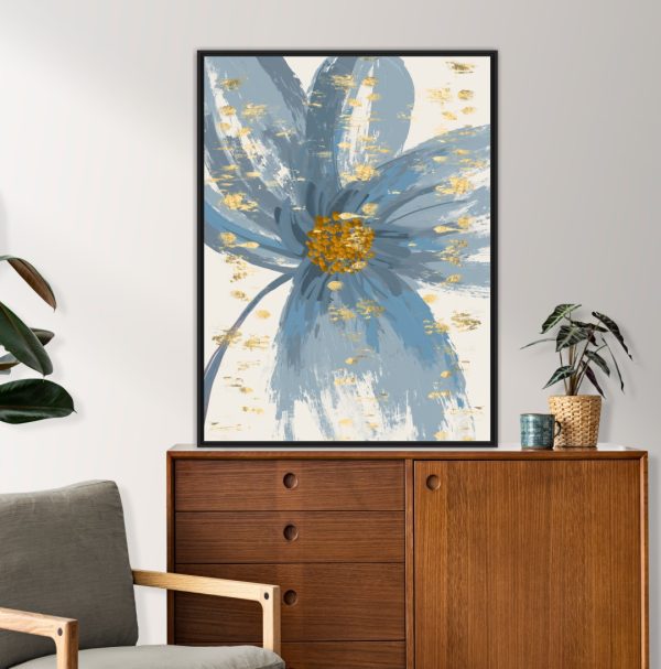 Quadro com Pintura de Flor Azul com Detalhes em Dourado