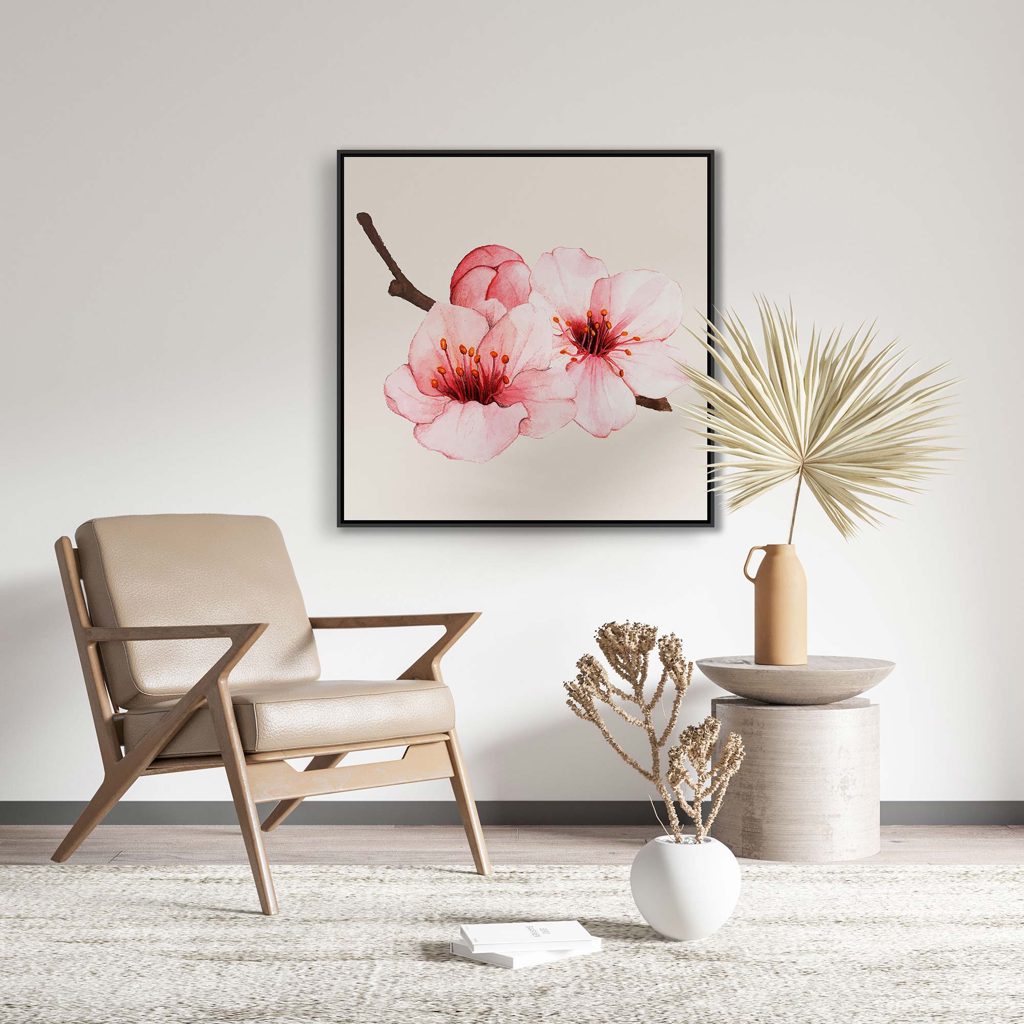 Quadro com Pintura de Flor de Cerejeira em Aquarela