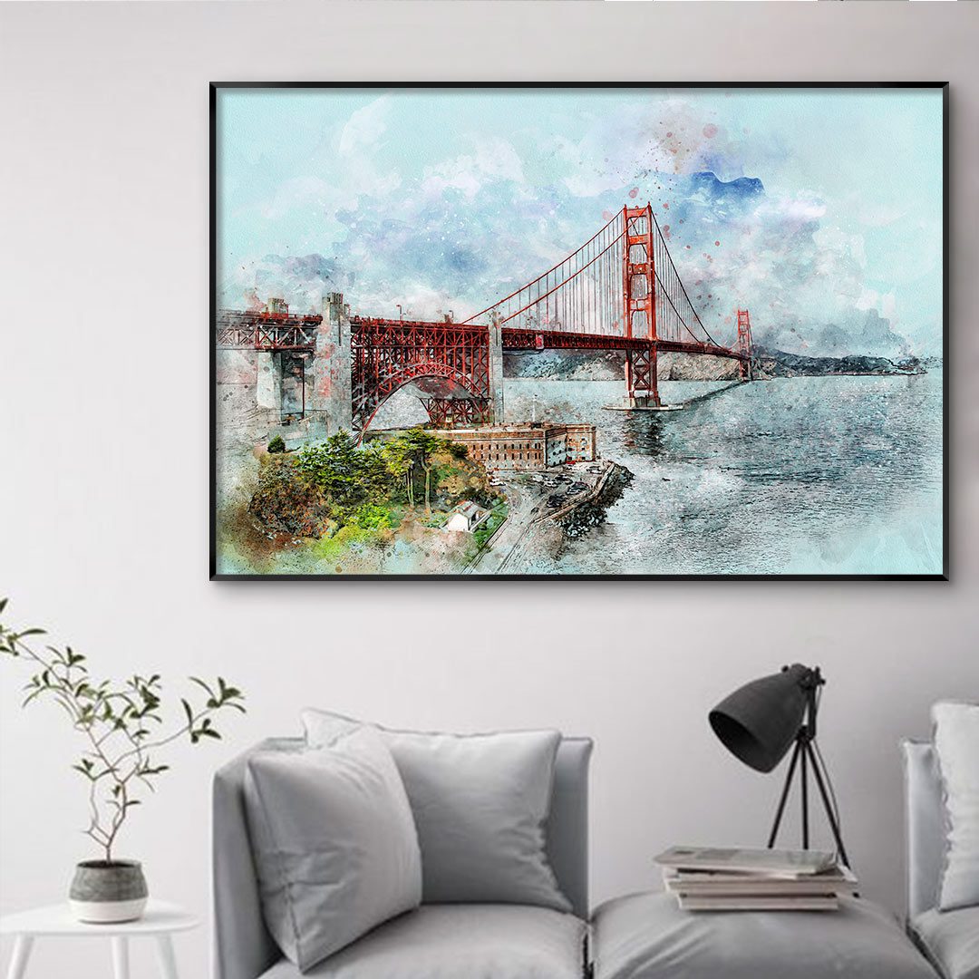 Quadro com Pintura em Aquarela - Ponte de São Francisco/EUA